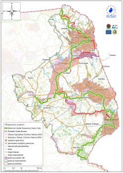Położenie obszaru projektu na tle województwa podlaskiego, obszarów Natura 2000 oraz głównych szlaków rowerowych